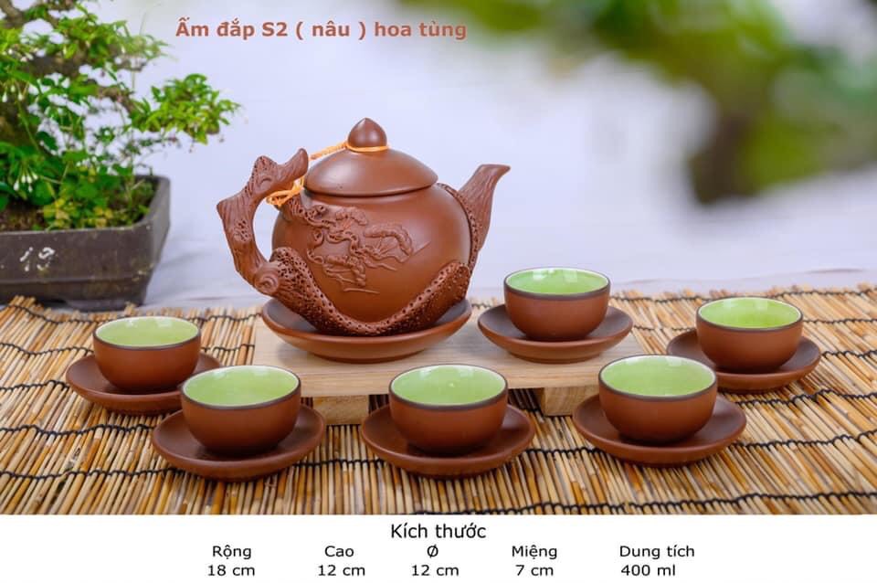 Bộ ấm chén tử sa đắp nổi tùng tách lót s2 nâu