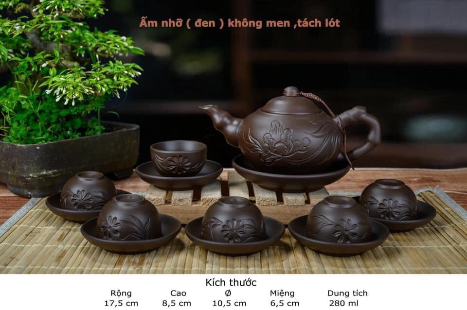 Bộ ấm chén tử sa dáng nhỡ khắc sen đen s2 ( chén không men )