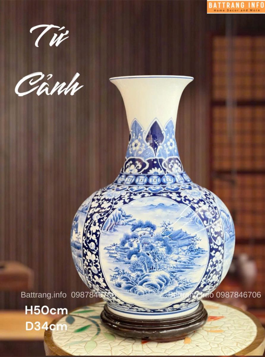 BÌNH TỎI TỨ CẢNH MEN LAM VẼ TAY H50