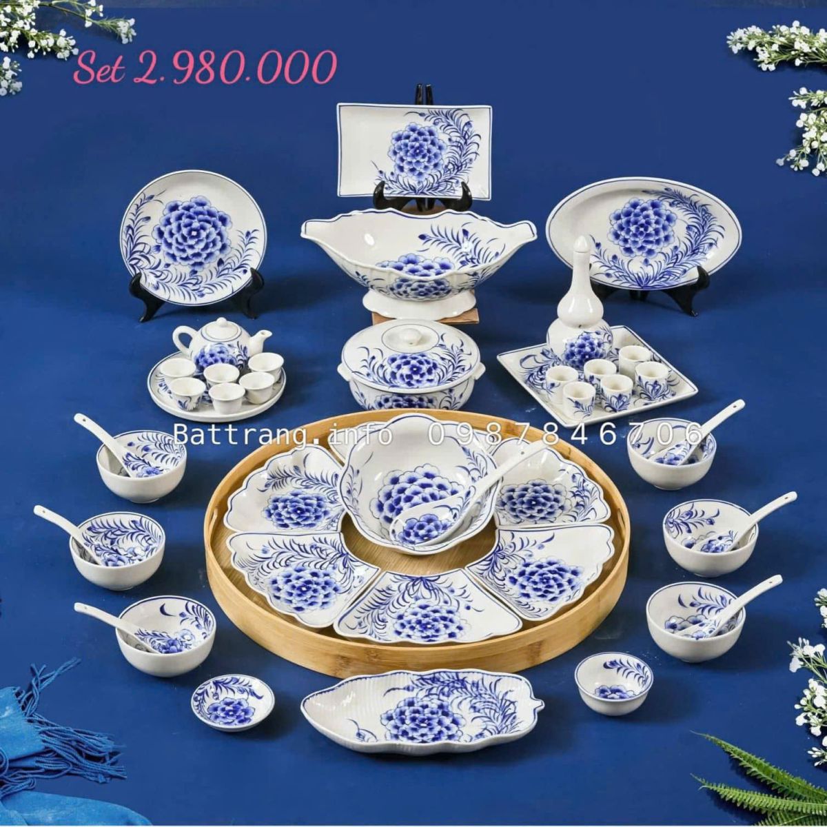 Sét Bát Đĩa Hoa Mặt Trời – Mâm Cơm Cúng Rằm Tháng Giêng Cao Cấp Bát Tràng