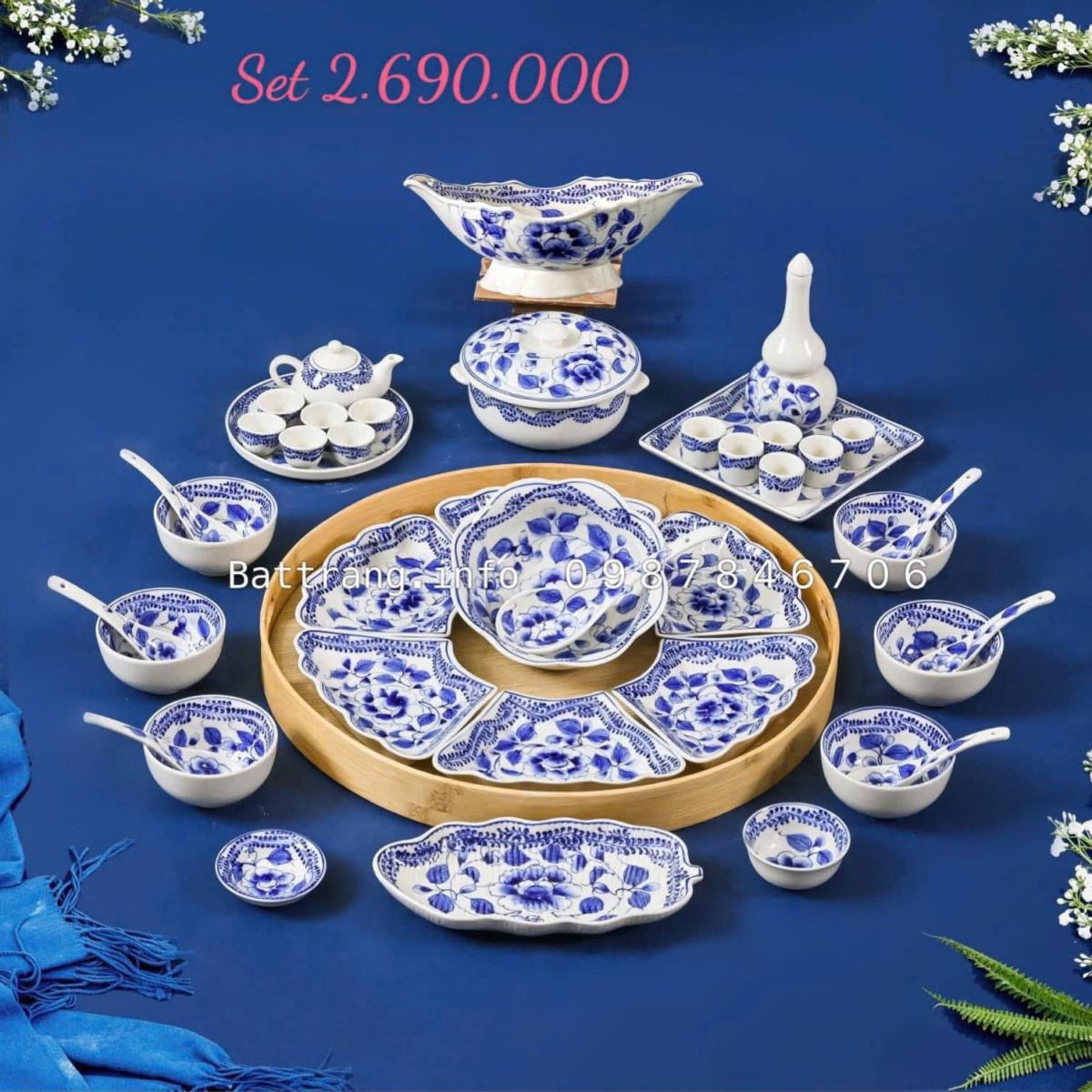 Bộ Bát Đĩa Hoa Mặt Trời Gốm Bát Tràng
