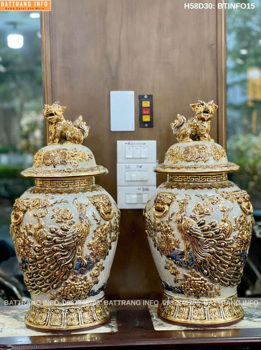 Choé " Công danh phú quý " men rạn đắp nổi vẽ vàng 24k cao 58cm