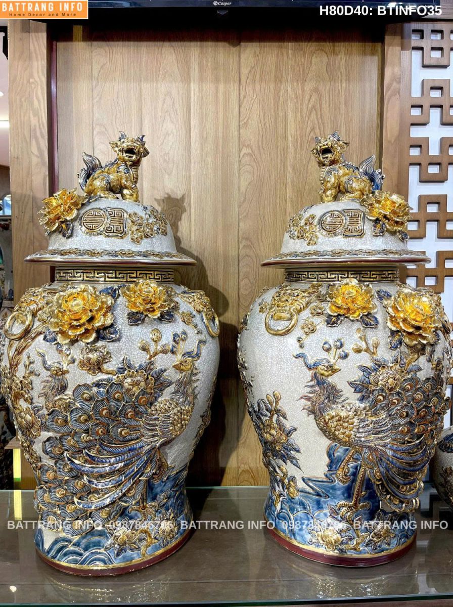 Choé " Công danh phú quý " men rạn đắp nổi vẽ vàng 24k cao 80cm