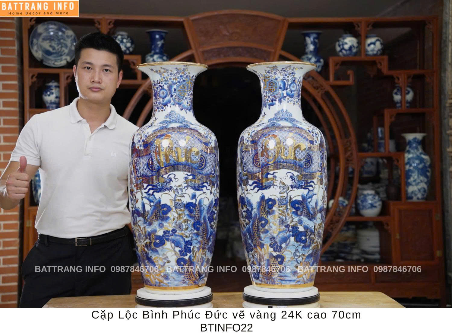 Cặp Lộc Bình Phúc Đức Vẽ Vàng 24K Cao 70cm Cao Cấp Bát Tràng – Vượng Khí, Tài Lộc Đầy Nhà
