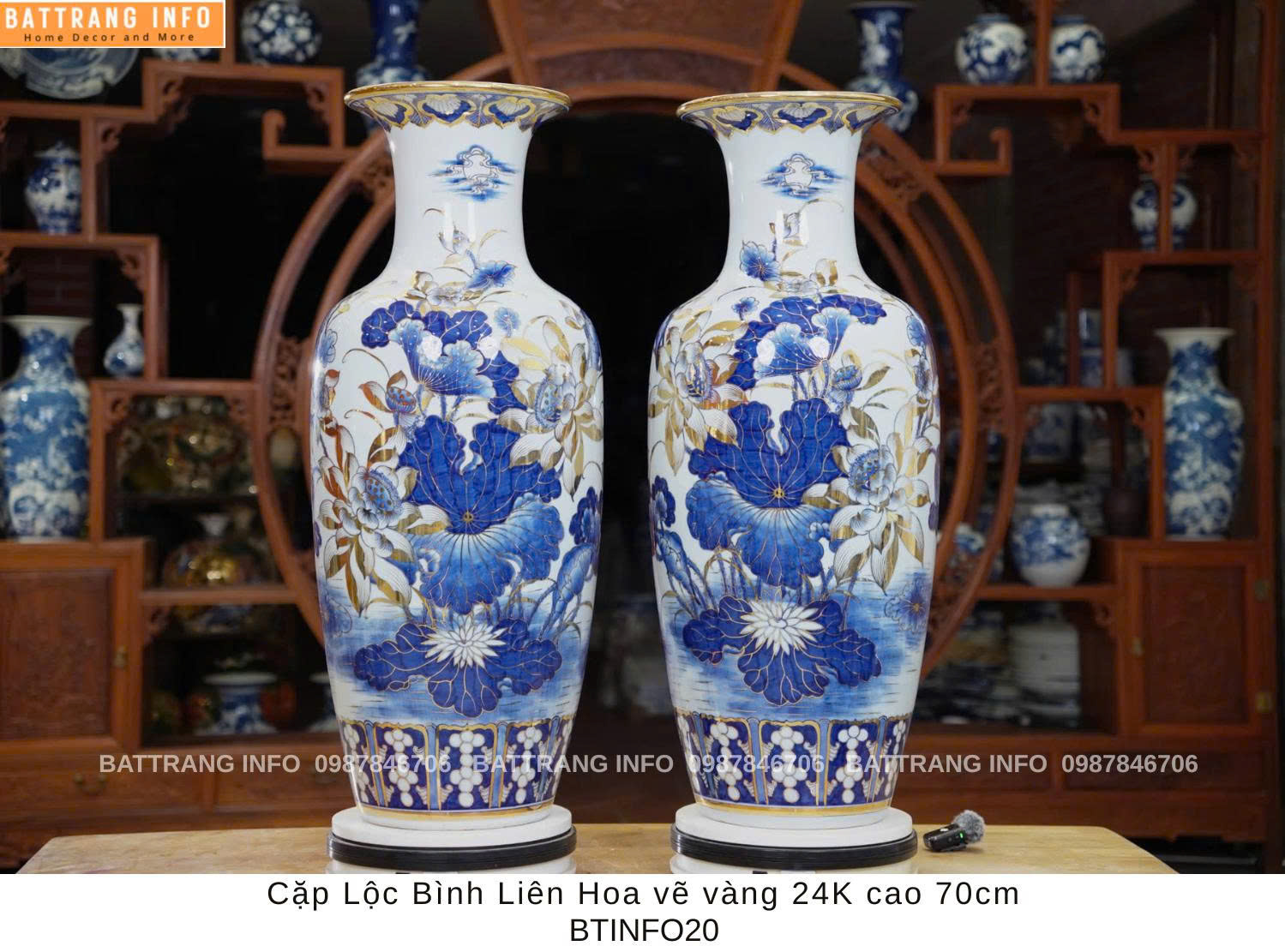 Cặp Lộc Bình Liên Hoa Vẽ Vàng 24K Cao 70cm – Tinh Hoa Gốm Sứ Bát Tràng Cao Cấp