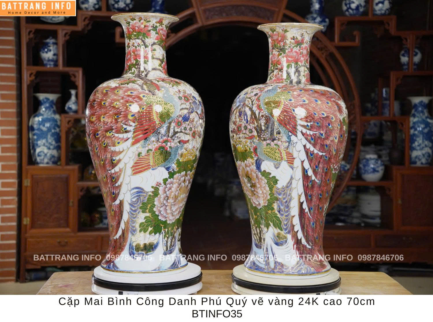 Cặp Mai Bình Công Danh Phú Quý Vẽ Vàng 24k - Cao 70cm