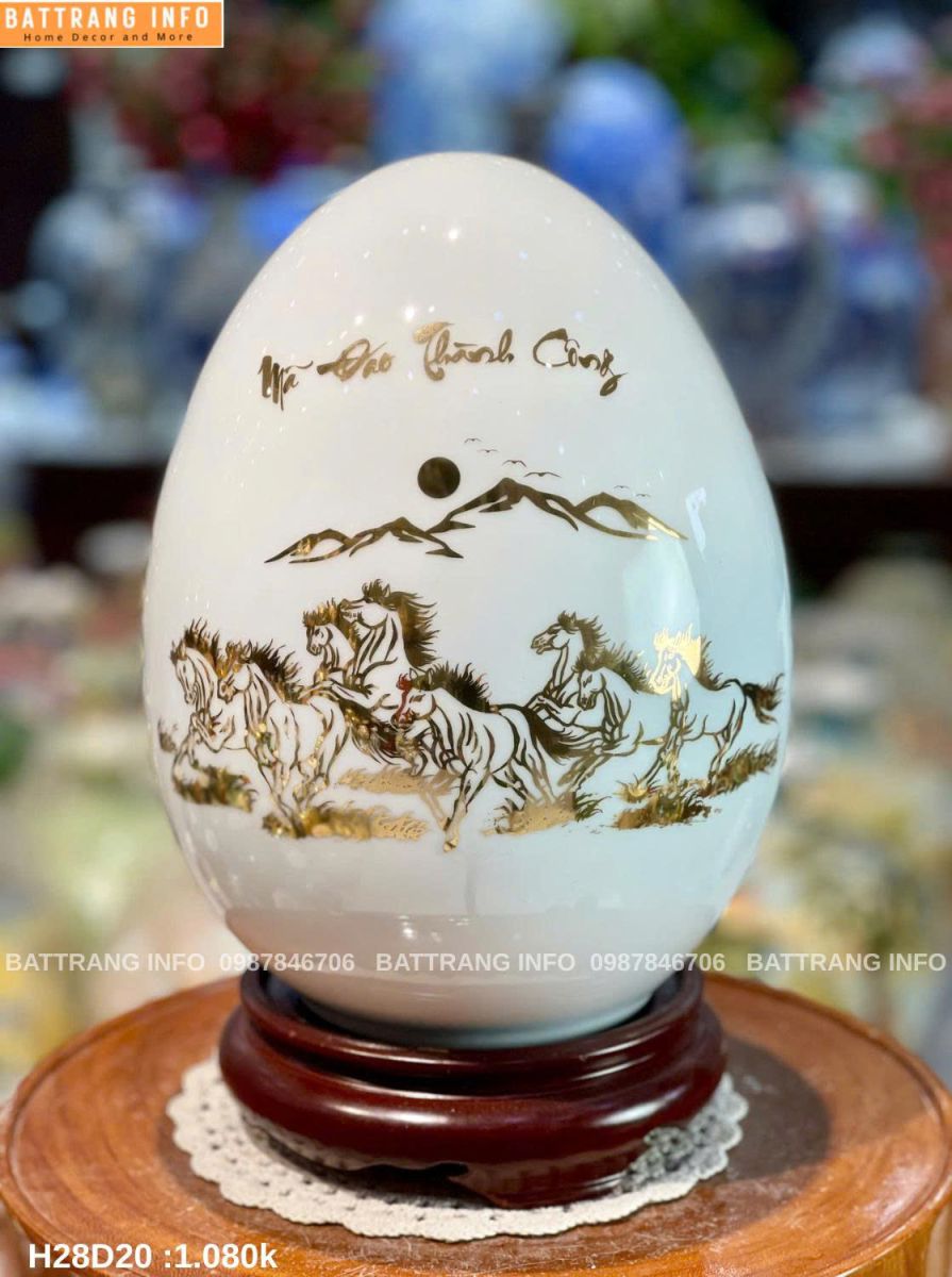 Trứng Tài Lộc Mã Đáo Thành Công Cao 28cm Vẽ Vàng Cao Cấp Bát Tràng