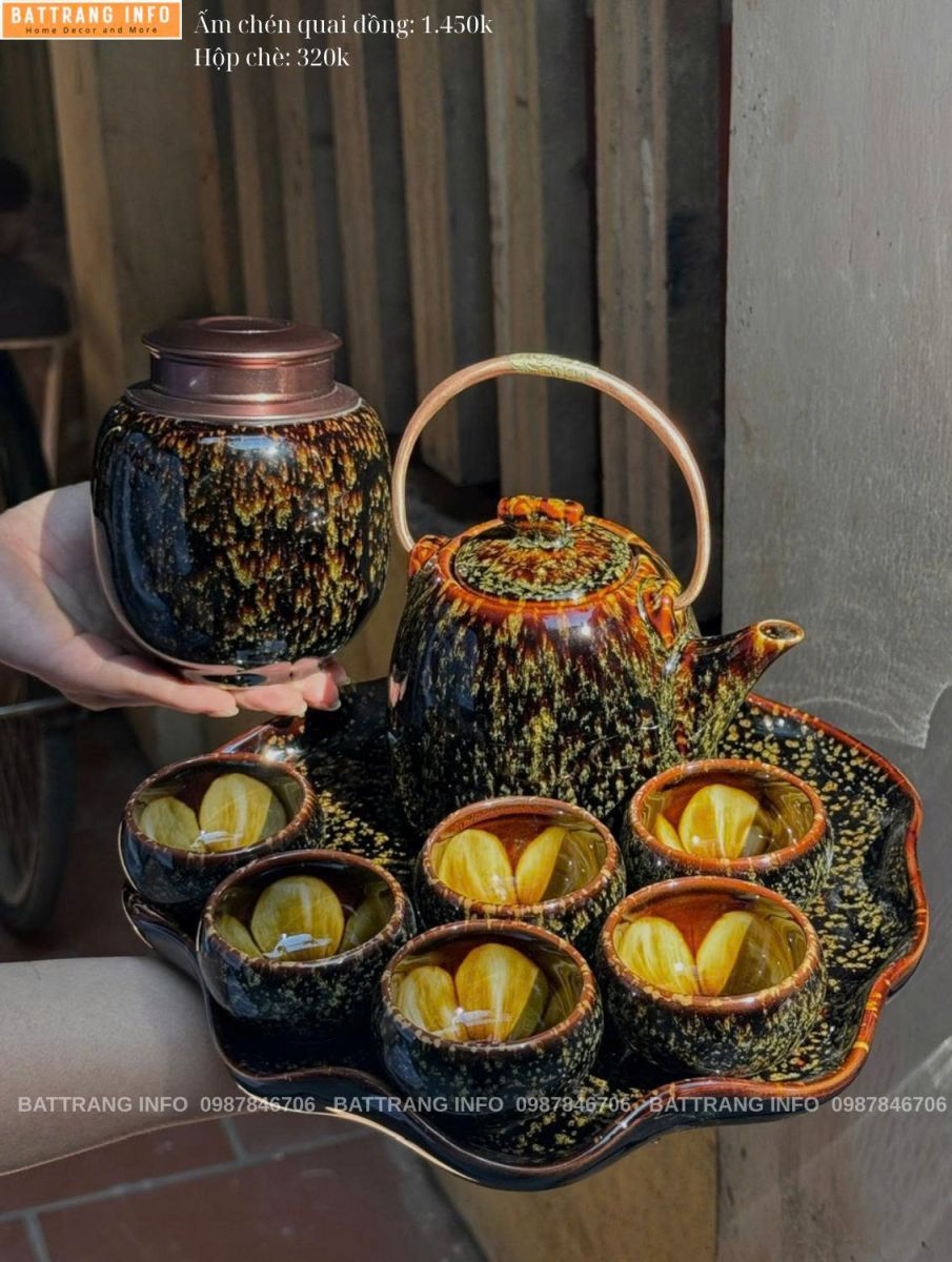 Bộ Ấm Chén Quai Đồng Men Hỏa Biến Chén Lòng Hoa Cao Cấp Bát Tràng