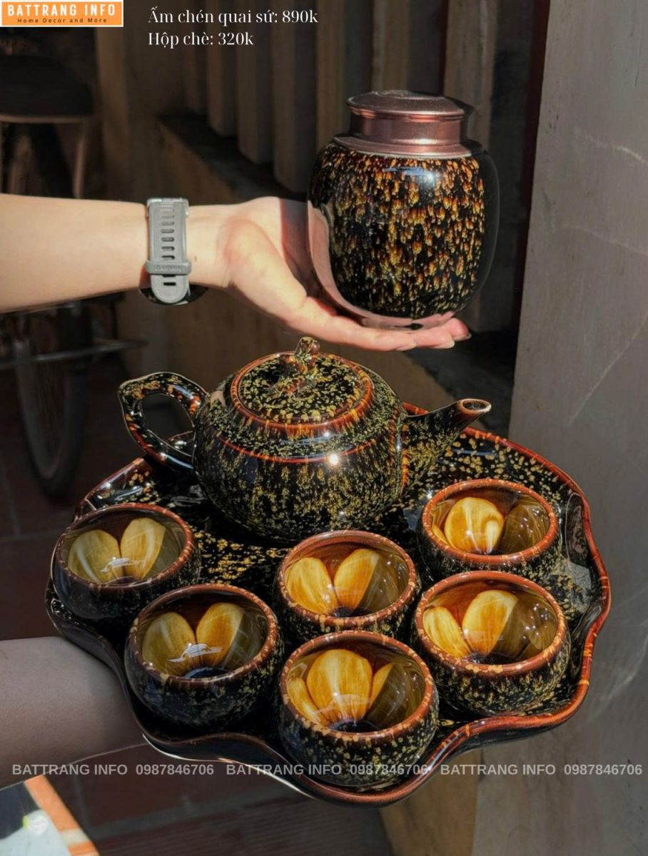 Bộ Ấm Chén  Quai Sứ Men Hỏa Biến Chén Lòng Hoa Cao Cấp Bát Tràng