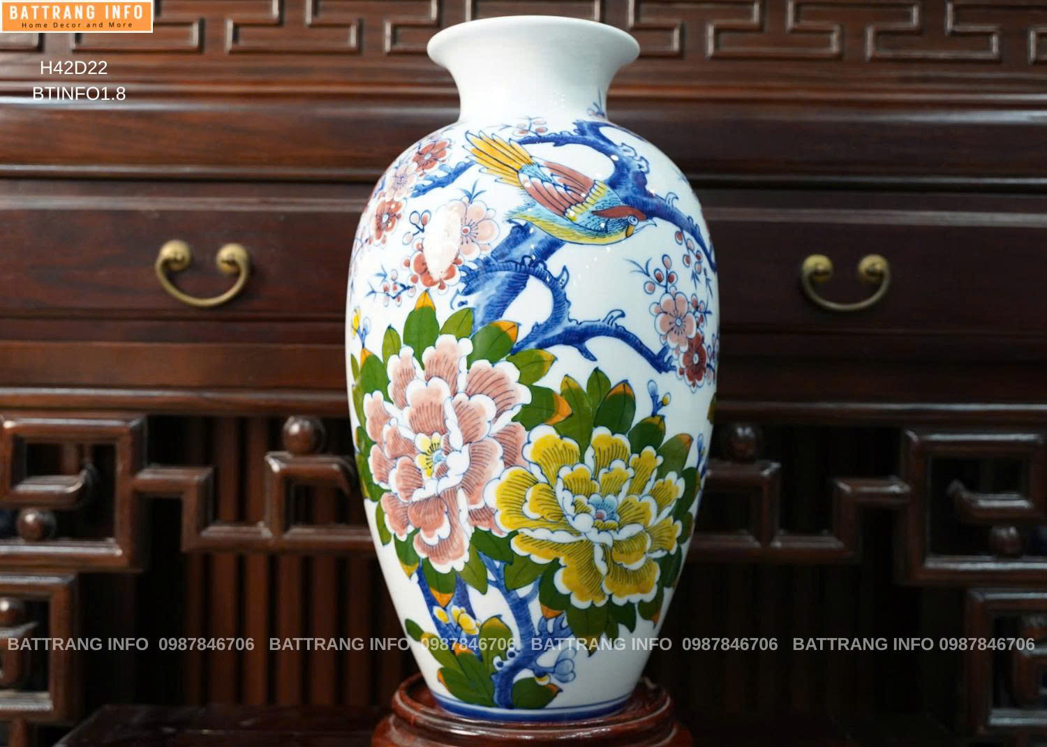 Bình Chim Trĩ Hoa Đào Cao 42cm Vẽ Tay Cao Cấp Bát Tràng – Tinh Hoa Gốm Việt Cho Không Gian Thêm Sang Trọng
