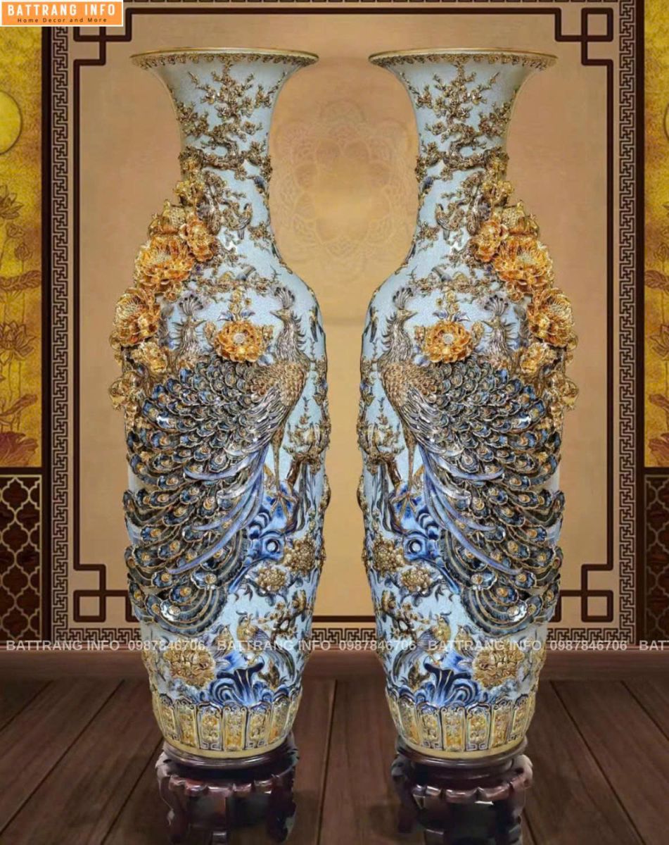 Lộc Bình Công Danh Phú Quý Đắp Nổi Vẽ Vàng 24K Cao Cấp Bát Tràng
