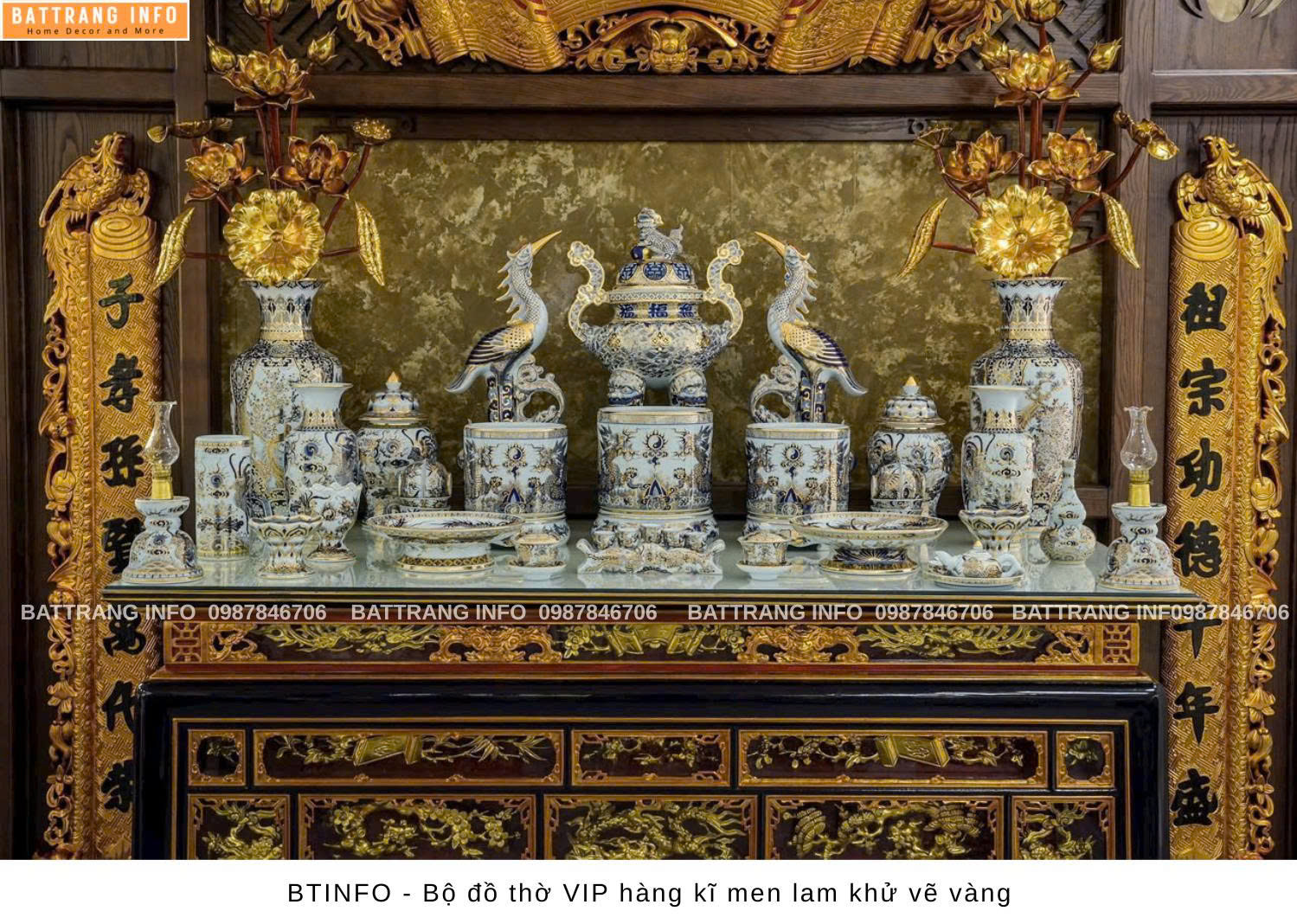 Bộ Đồ Thờ VIP Hàng Kỹ Men Lam Khử Vẽ Vàng Bát Tràng – Tinh Hoa Gốm Việt Cho Không Gian Thờ Cúng Linh Thiêng
