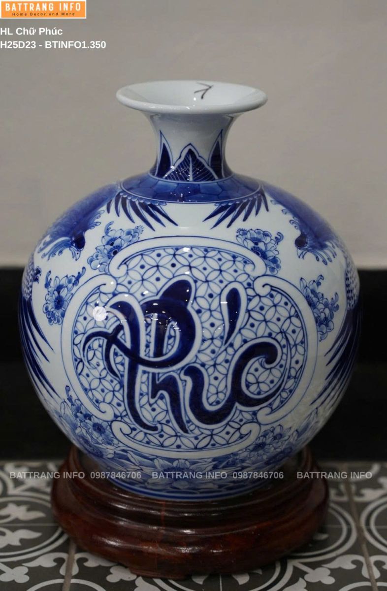 Bình Hút Lộc Chữ Phúc Men Lam Xanh Vẽ Tay Cao 25cm