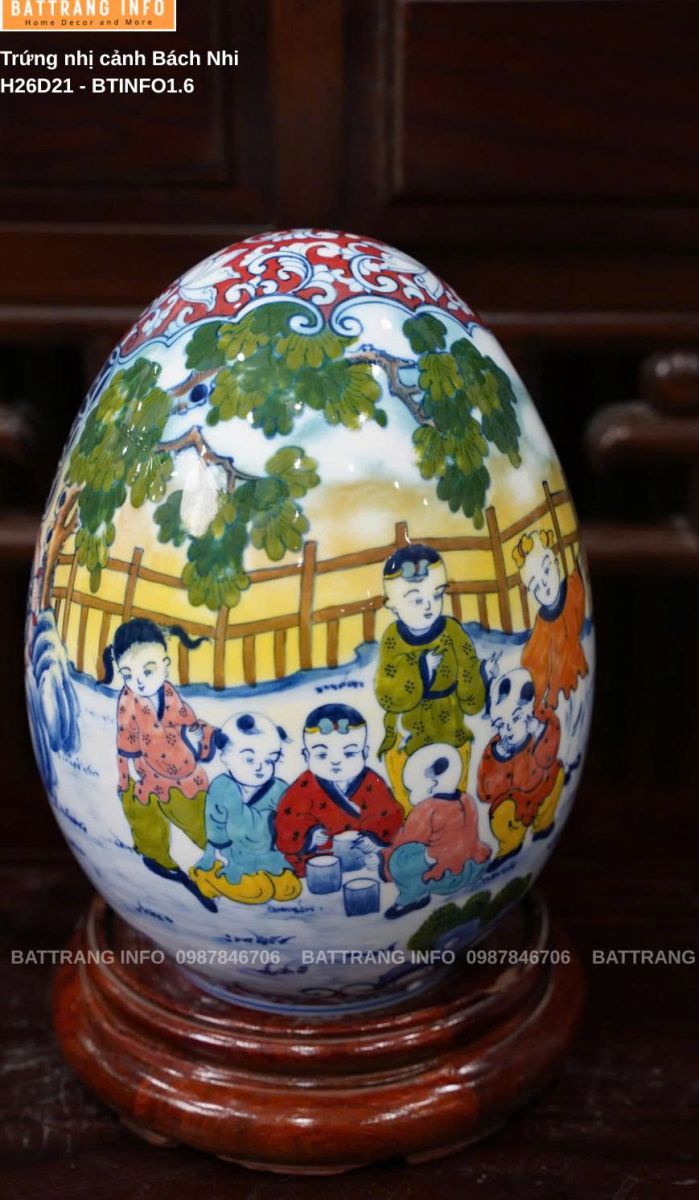 Trứng Phong Thủy Nhị Cảnh Bách Nhi Vẽ Tay Cao 26cm – Tác Phẩm Nghệ Thuật Từ Bát Tràng