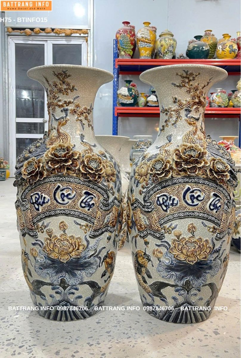 Lộc Bình Men Rạn Đắp Nổi Chữ Phúc Lộc Thọ Cao 75cm – Sản Phẩm Cao Cấp Từ Bát Tràng