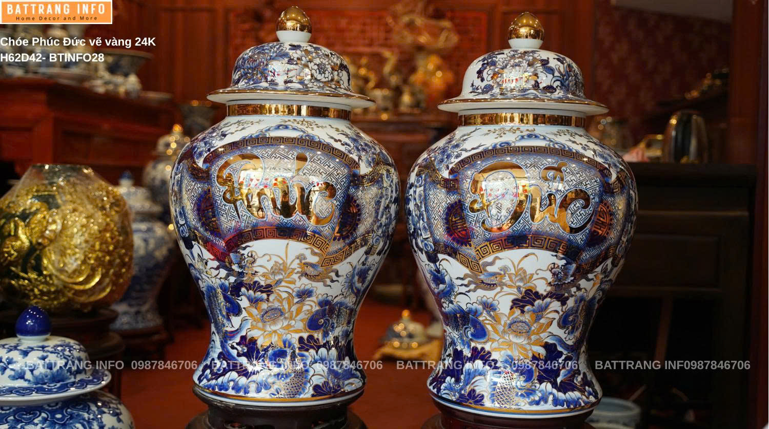 Cặp Chóe Phúc Đức Vẽ Vàng 24K Cao 62cm – Chiêu tài hút lộc, tăng phúc khí cho gia chủ.