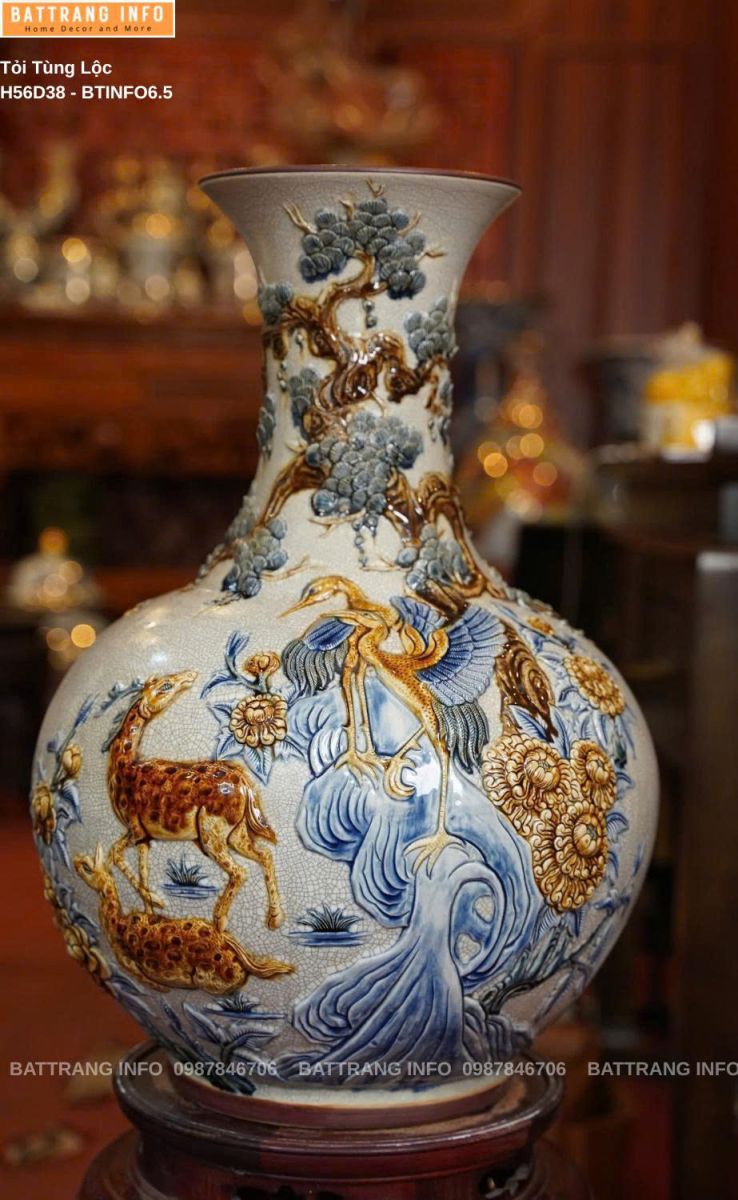 Tỏi Tùng Lộc Men Rạn Đắp Nổi Cao 56cm - Lá bùa may mắn giúp gia chủ chiêu tài, giữ lộc, bình an trường thọ.