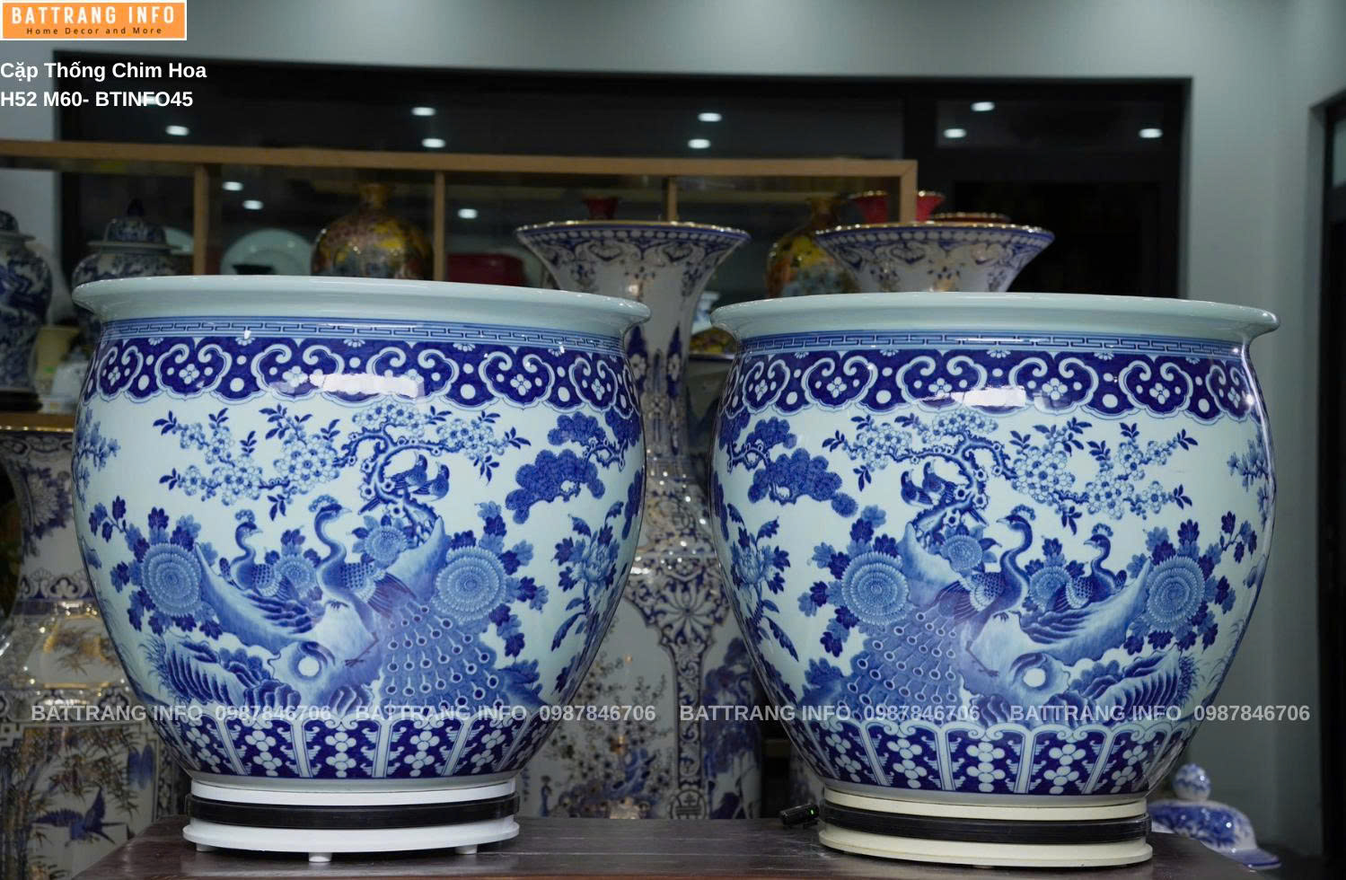 Cặp Thống Chim Hoa men lam xanh vẽ tay cao 52cm cao cấp Bát Tràng – Vẻ đẹp truyền thống đậm chất nghệ thuật