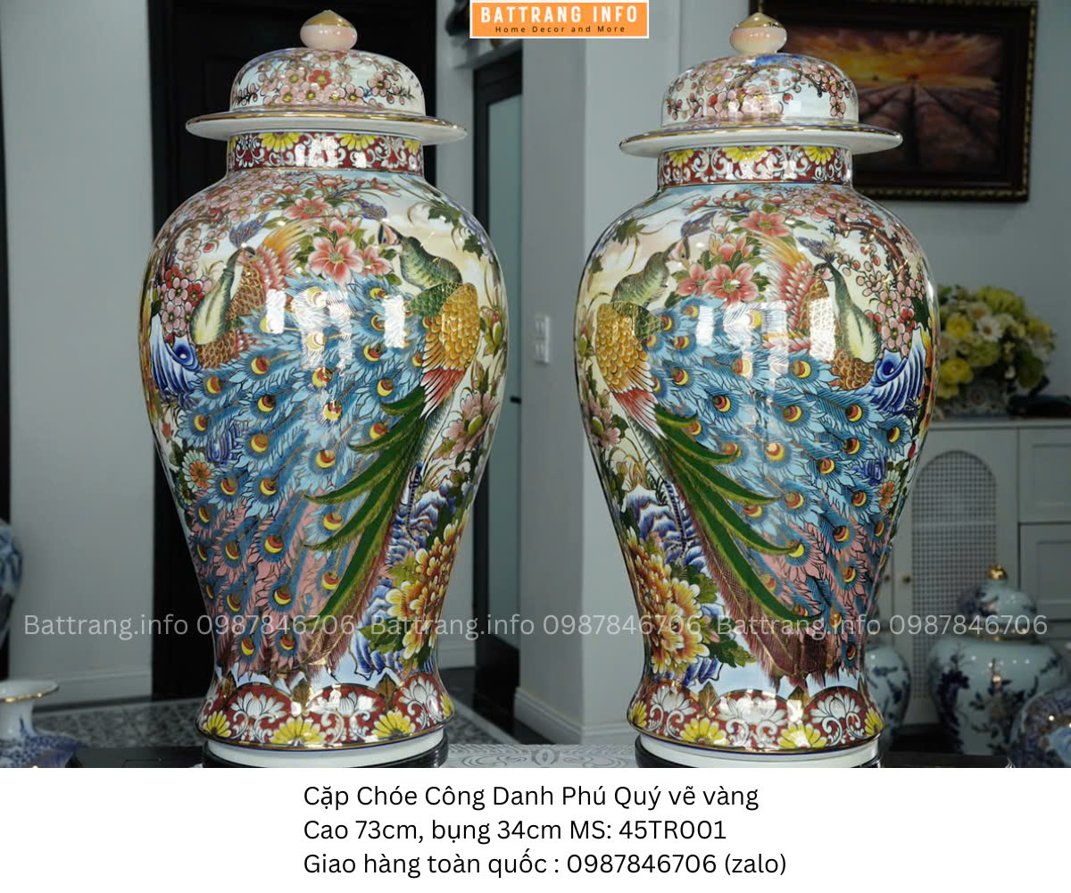Cặp Choé Công Danh Phú Quý Vẽ Vàng Cao 73cm – Gốm Sứ Bát Tràng Cao Cấp