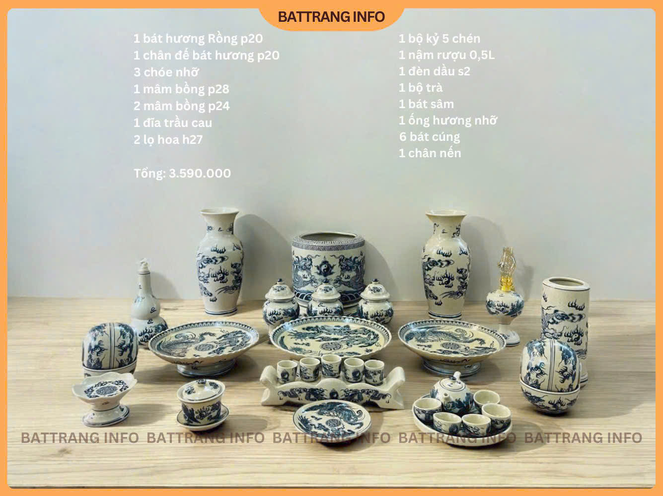 Bộ Đồ Thờ Men Rạn Vẽ Tay Cao Cấp Bát Tràng