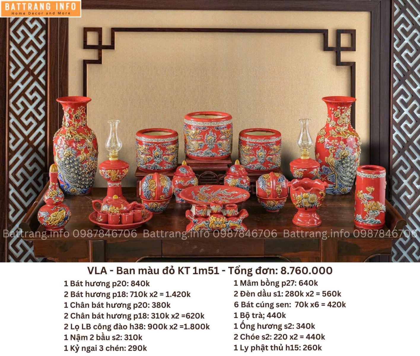Bộ Đồ Thờ Men Màu Đắp Nổi Cao Cấp Bát Tràng – Vẻ Đẹp Tâm Linh Truyền Thống