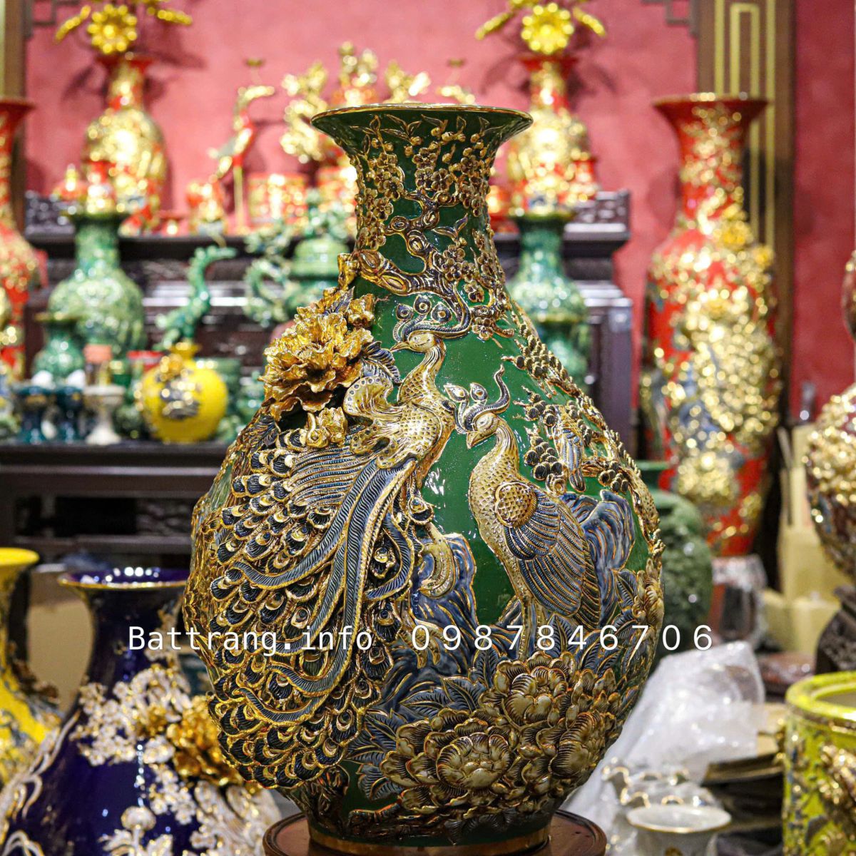 Bình Tỳ Bà Công Danh Phú Quý Men Màu Đắp Nổi Vẽ Vàng 24K Cao Cấp Bát Tràng