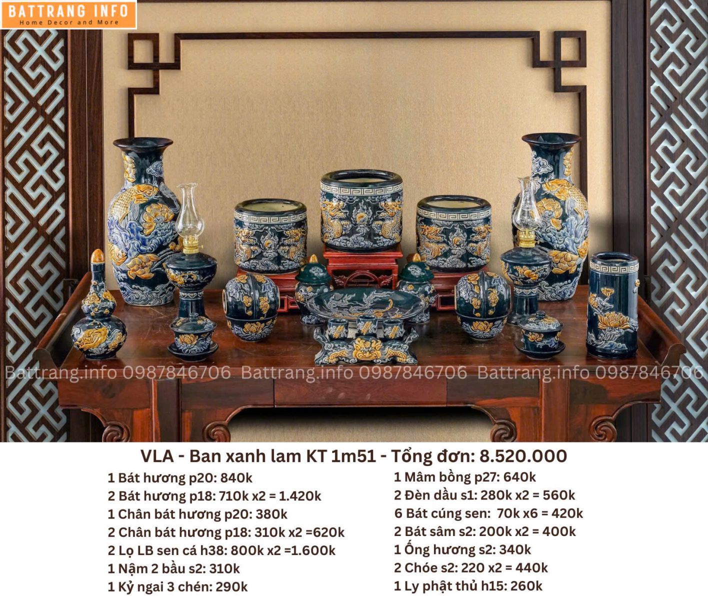 Bộ Đồ Thờ Men Màu Đắp Nổi Cao Cấp Bát Tràng – Vẻ Đẹp Tâm Linh Truyền Thống