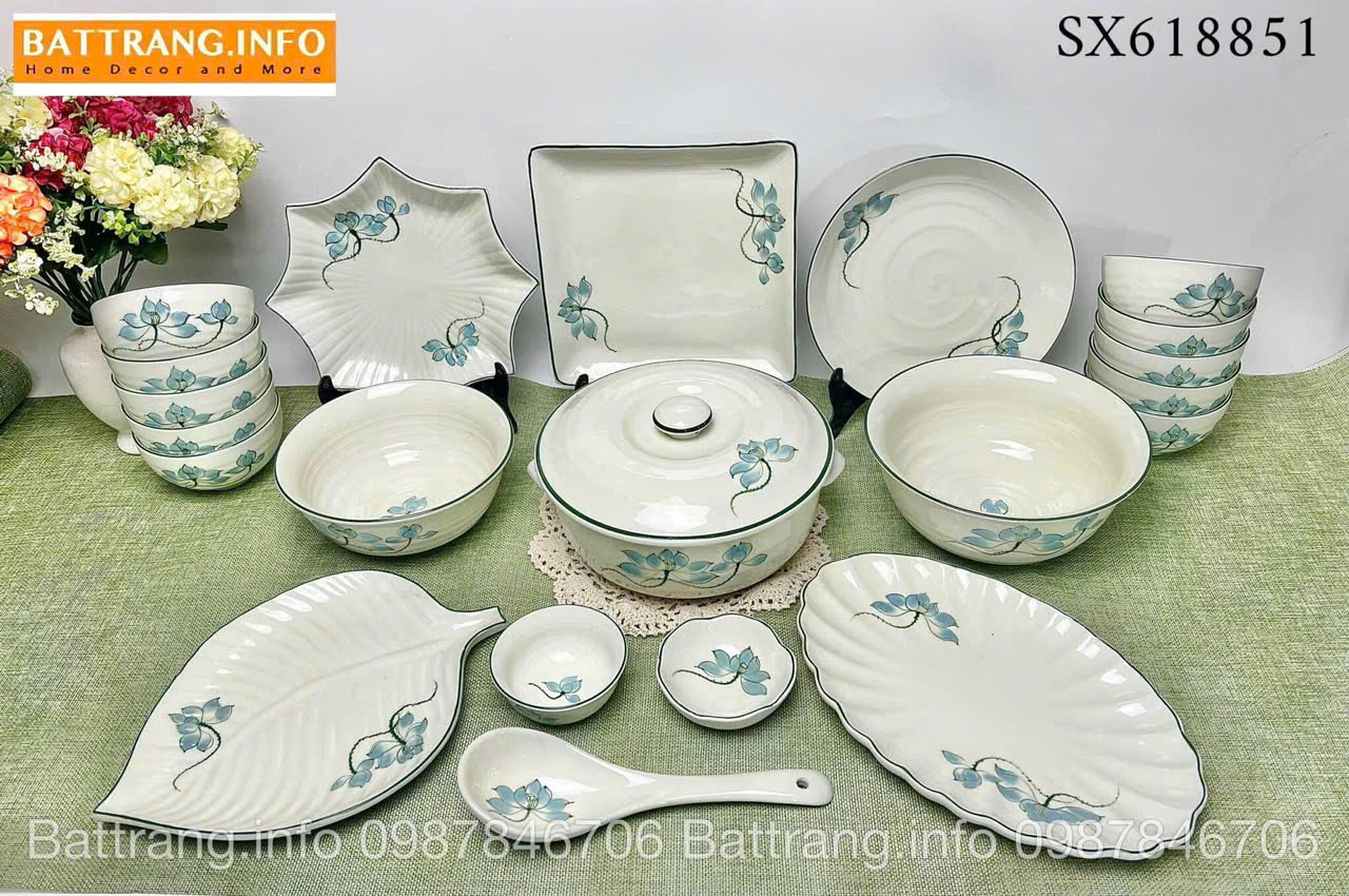 Bộ Bát Đĩa Sen Xanh Vẽ Tay Cao Cấp Bát Tràng