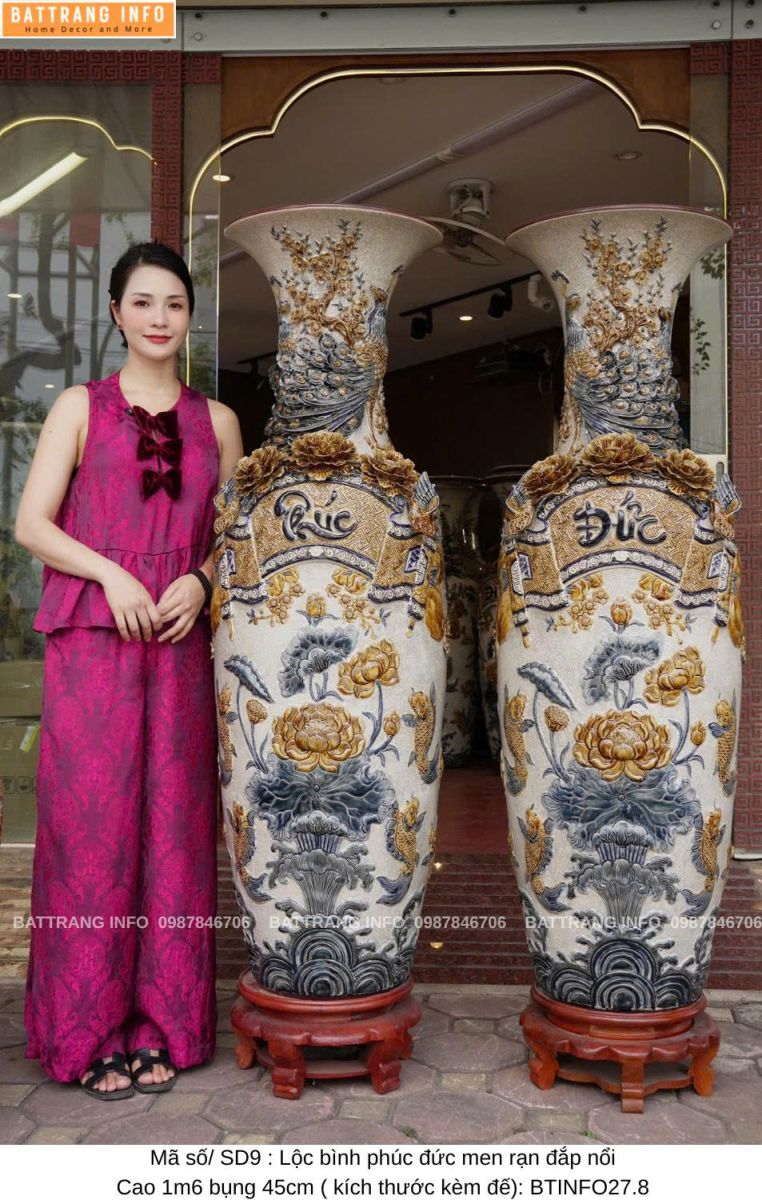 Lộc Bình Phúc Đức Men Rạn Đắp Nổi Cao Cấp Bát Tràng – Cao 1m6, Bụng 45cm