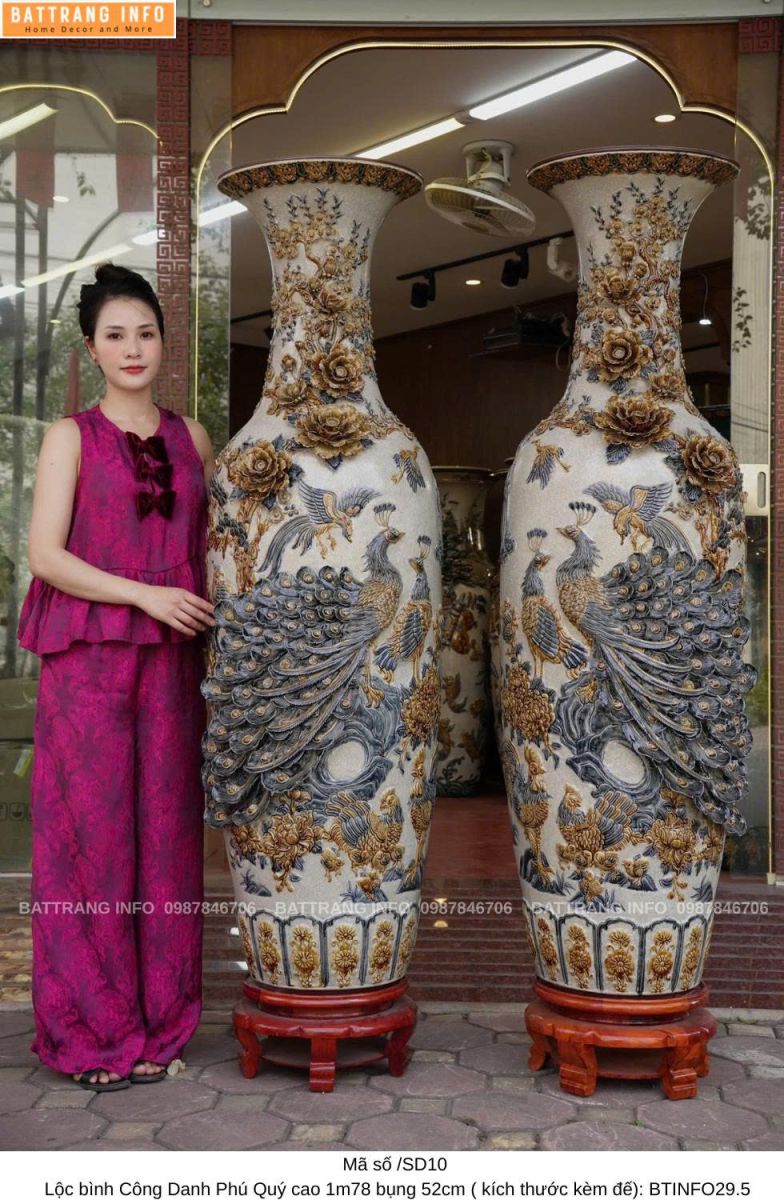 Lộc Bình Công Danh Phú Quý Men Rạn Đắp Nổi Cao 1m78 Bụng 52cm