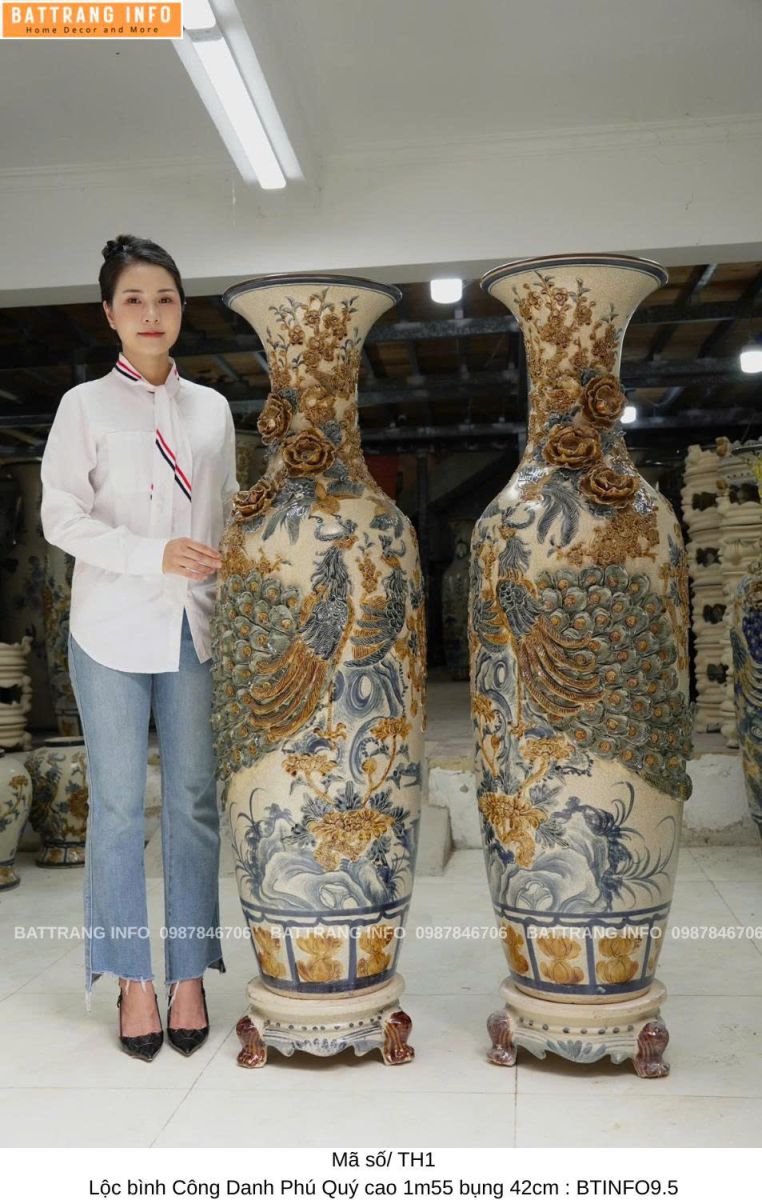 Lộc Bình Công Danh Phú Quý Men Rạn Đắp Nổi Cao 1m55 Bụng 42cm