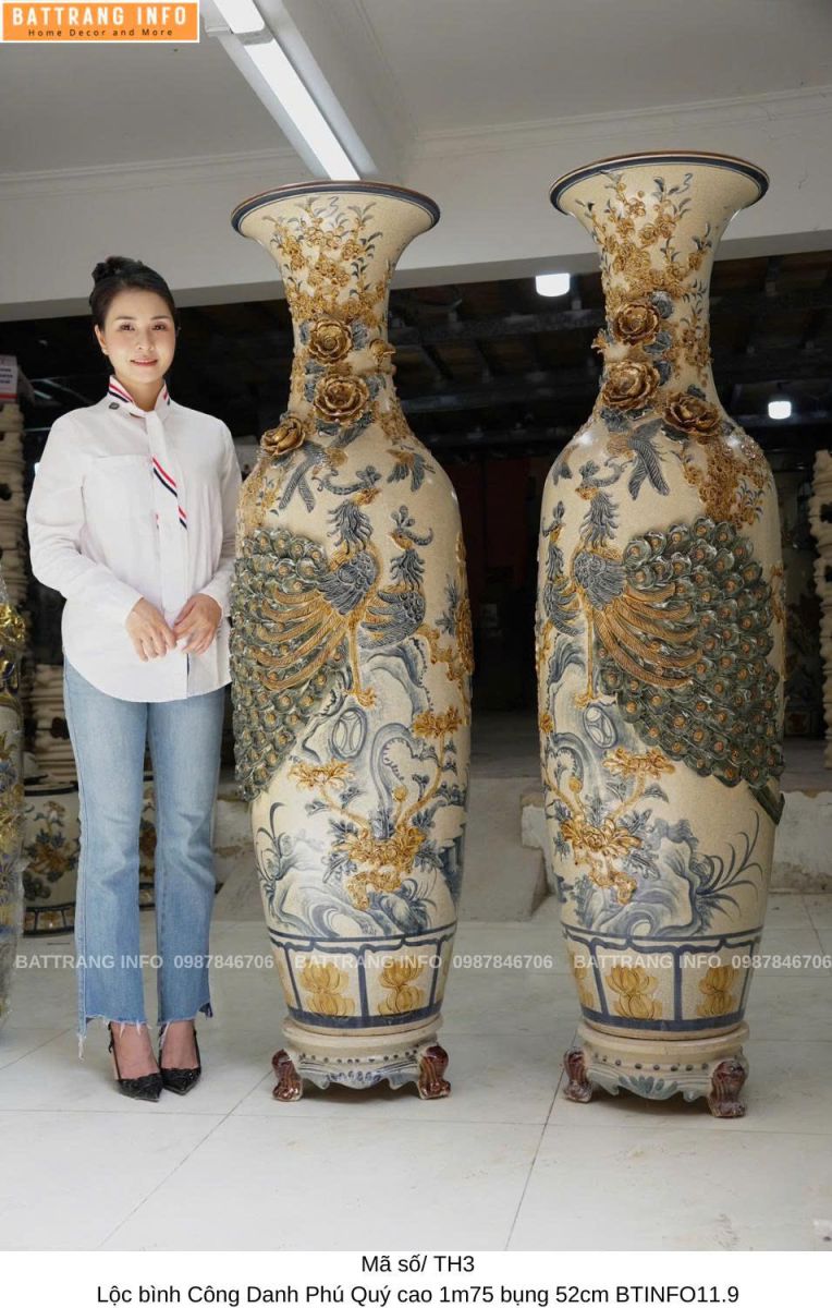 Lộc Bình Công Danh Phú Quý Men Rạn Đắp Nổi Cao 1m7 Bụng 52cm