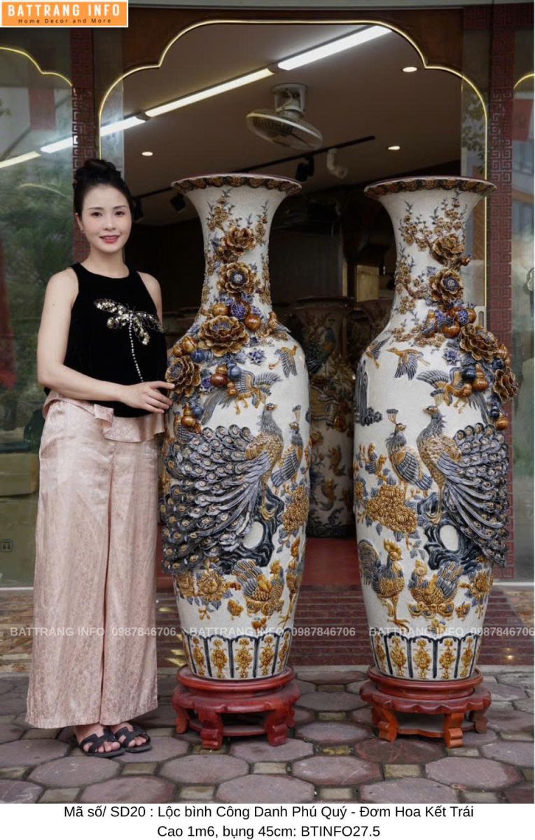 Lộc Bình Công Danh Phú Quý Men Rạn Đắp Nổi Cao 1m6 Bụng 45cm
