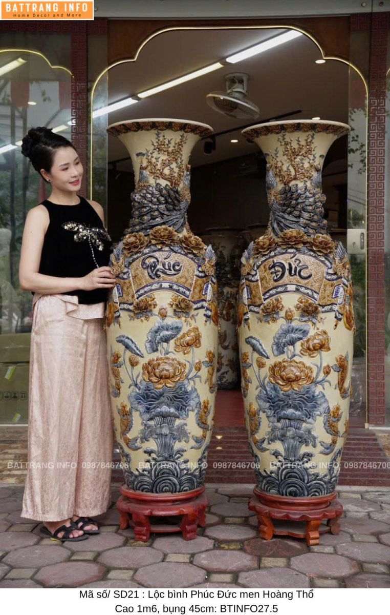 Lộc Bình Phúc Đức Men Hoàng Thổ Đắp Nổi Cao Cấp Bát Tràng  Cao 1m6