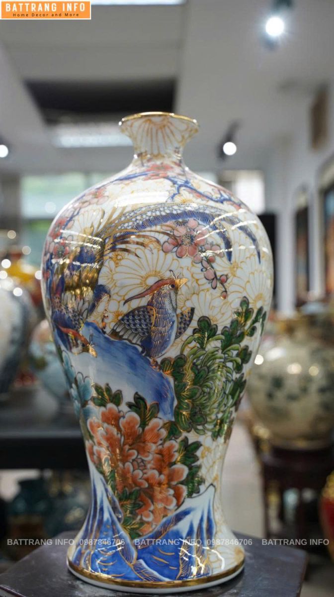 Mai Bình Trĩ Đào Màu Vẽ Vàng H50 Cao Cấp Bát Tràng – Tác Phẩm Gốm Nghệ Thuật Tinh Xảo