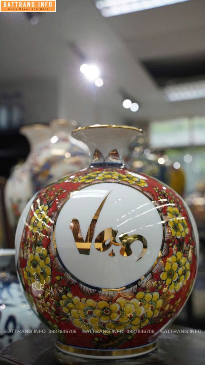 Bình hút lộc chữ Vạn Sự Như Ý cao 30cm vẽ vàng 24k cao cấp Bát Tràng