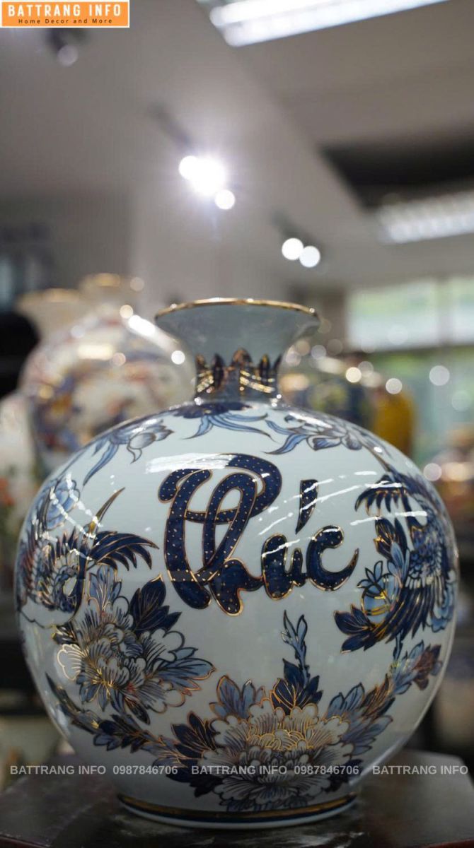 Bình Hút Lộc Chữ Phúc Lộc Thọ Cao 30cm Vẽ Vàng 24K Cao Cấp Bát Tràng