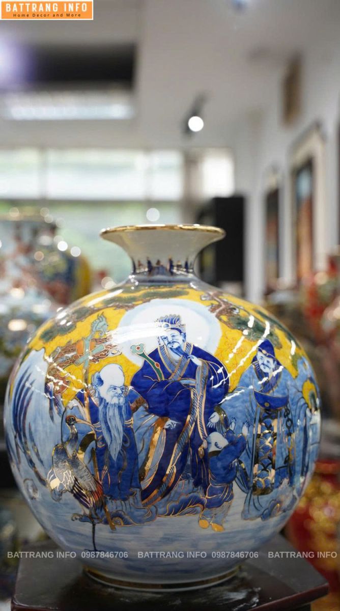 Bình Hút Lộc Tam Đa Phúc Lộc Thọ Vẽ Vàng 24K Cao 35cm