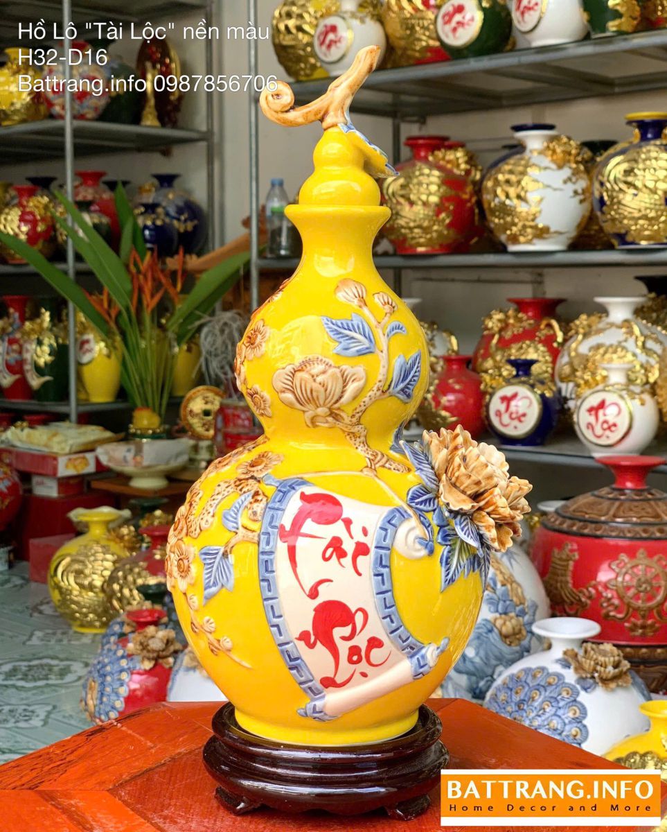 Hồ Lô Tài Lộc Men Màu Đắp Nổi Cao 32cm – Sản Phẩm Cao Cấp Bát Tràng