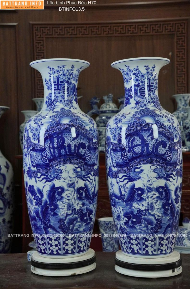  Lộc Bình Phúc Đức Men Lam Khử Vẽ Tay Kỹ H70 Cao Cấp