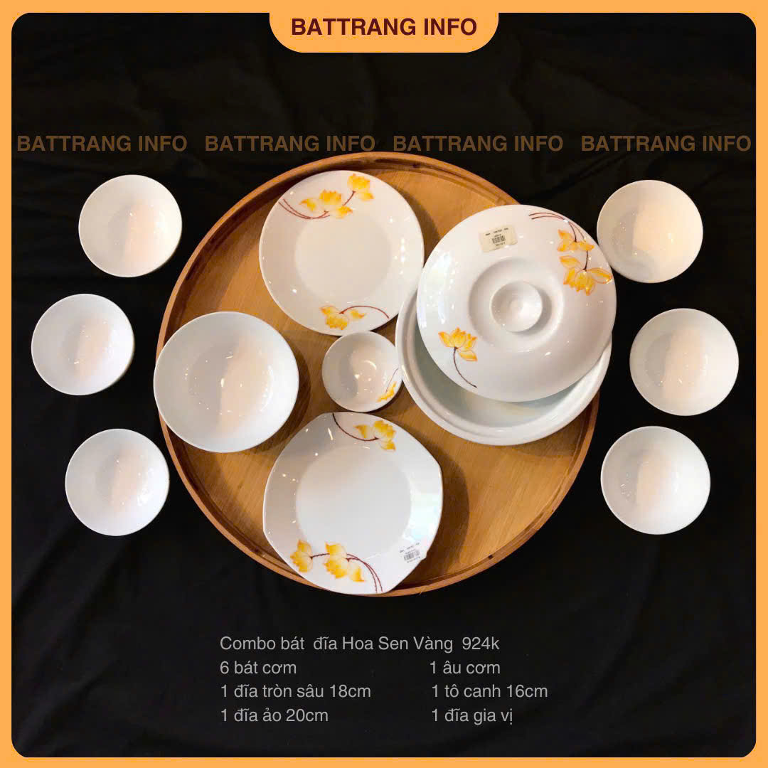 Bộ bát đĩa vẽ tay sen vàng cao cấp Bát Tràng – Sang trọng, tinh tế cho không gian Việt