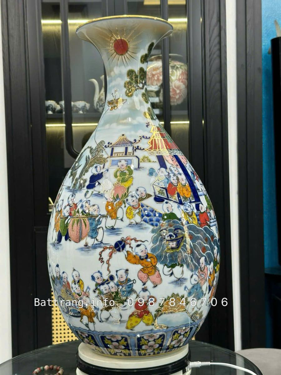 Bình Tỳ Bà Bách Nhi Vẽ Vàng 24K Cao 70cm – Tuyệt Tác Gốm Sứ Cao Cấp Bát Tràng