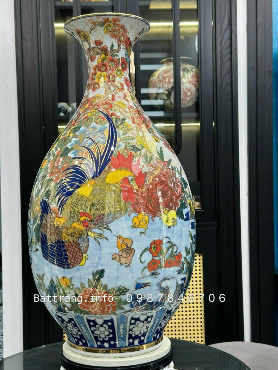  Bình Tỳ Bà Kim Kê Đại Cát vẽ vàng 24K – Vượng tài, khai lộc, đón phú quý