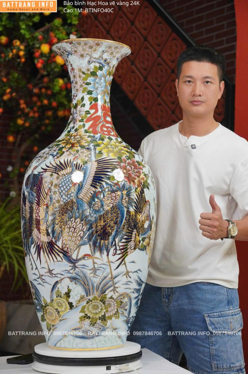 Bảo Bình Hạc Hoa Vẽ Vàng 24K Cao 1m – Hàng VIP Bát Tràng Đẳng Cấp Sang Trọng