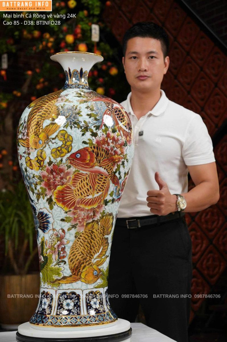 Mai bình cá rồng vẽ vàng 24k cao 85cm