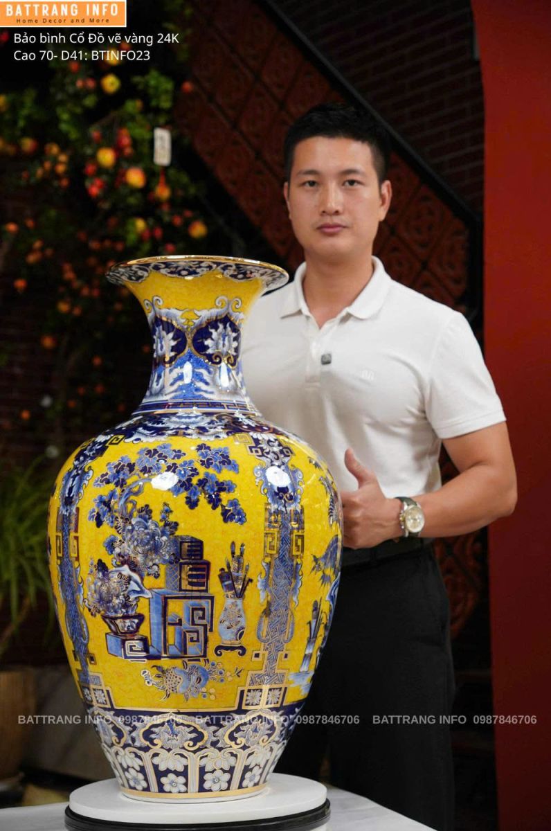 Bảo Bình Tứ Quý Cổ Đồ Vẽ Vàng 24K Cao 70cm