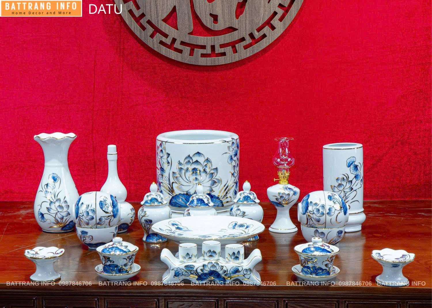 Bộ Đồ Thờ Hoa Sen Vẽ Vàng 24k Cao Cấp Bát Tràng