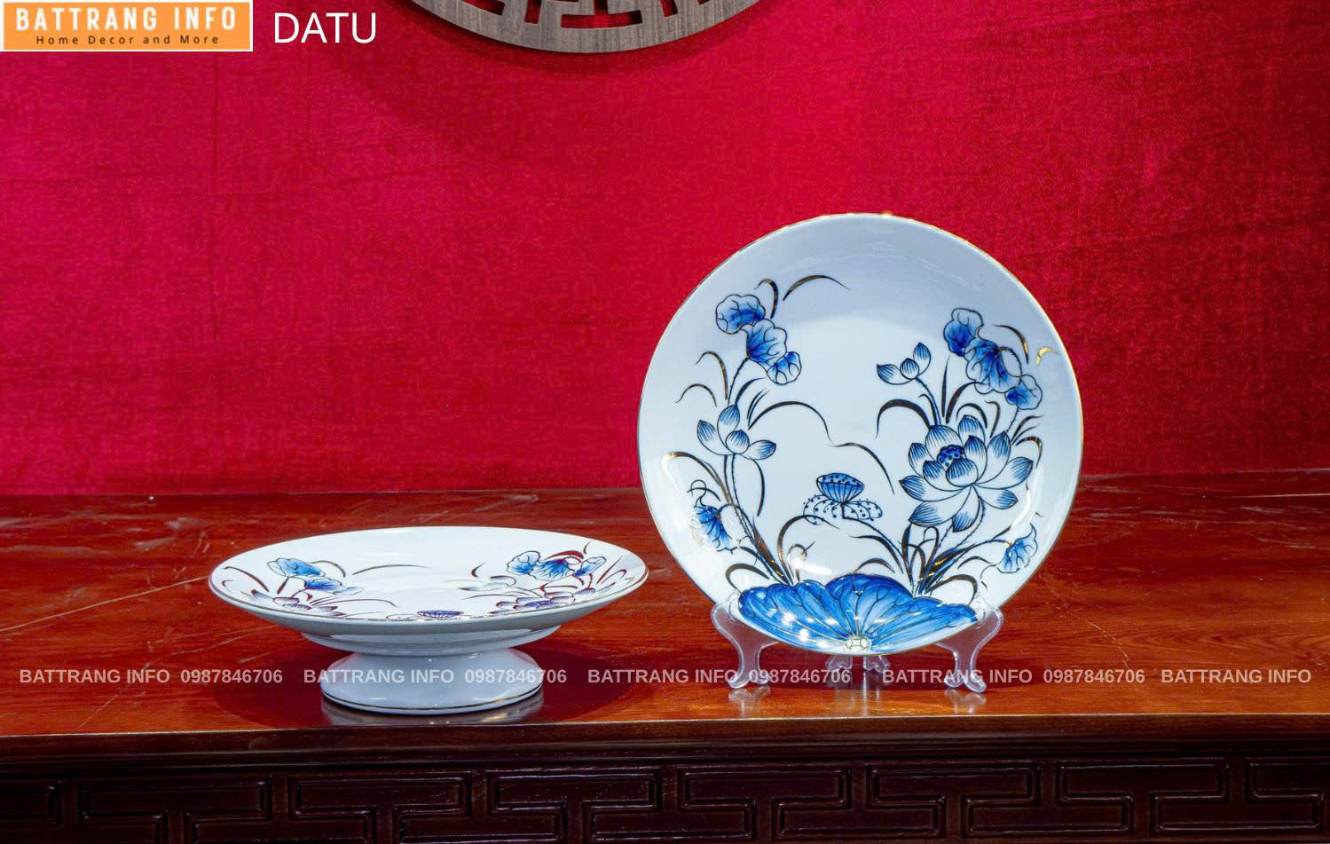 Mâm Bồng Sen Vẽ Vàng 24K Cao Cấp Bát Tràng