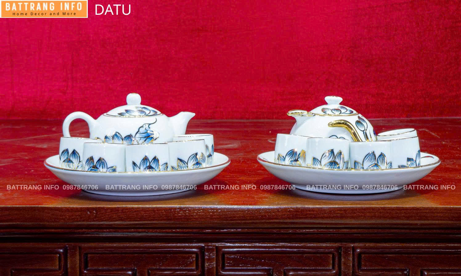 Bộ Trà Sen Vẽ Vàng 24K Cao Cấp Bát Tràng