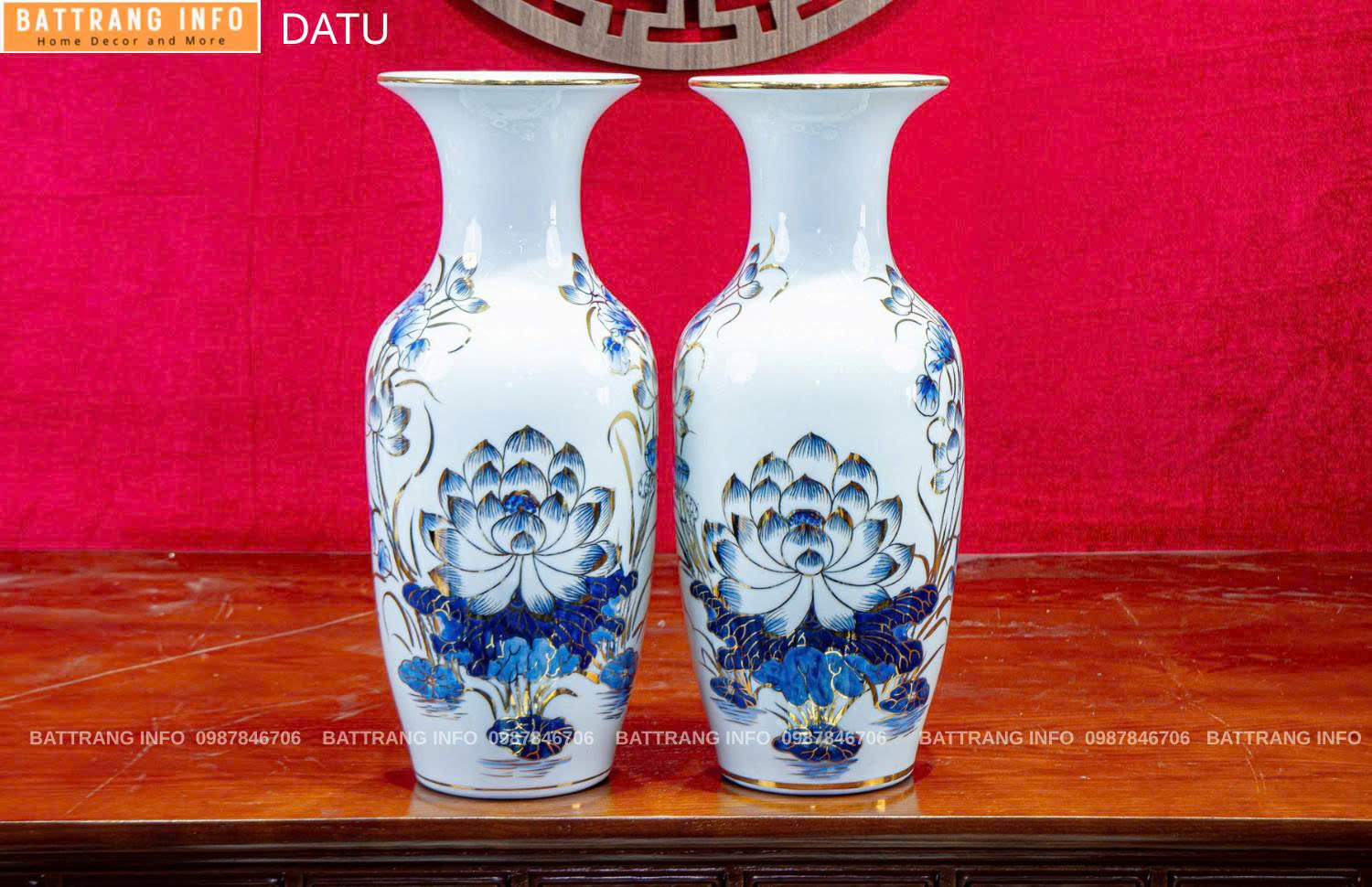 Lọ Hoa Sen Miệng Tròn  Vẽ Vàng 24K Cao Cấp Bát Tràng